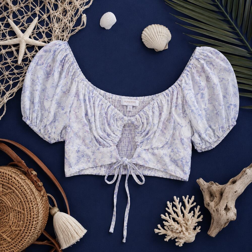 Olivaceous Boho Festival Crop Top White & Light Blue Swiss Dots Size S